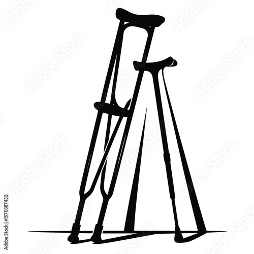 Crutches and walking cane leaning on a wall, black and white vector illustration symbolizing mobility aid and rehabilitation support