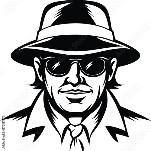 Confident man wearing sunglasses and a hat stands stylishly with tie and coat