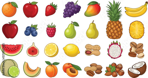 A vibrant collection of fresh fruits and nuts displayed in a grid pattern