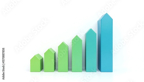 Abstract 3d bar chart with increasing height and house shape on white background