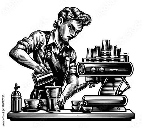 Hand-Drawn Vintage Barista Serving Coffee in a Retro Coffee Shop Style