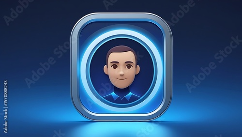 Stylized 3d cartoon avatar of a man inside a glowing blue digital interface