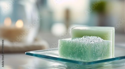 Two pale-green soap bars, one sudsy, rest on a clear glass dish; a blurred background shows a candle and towel