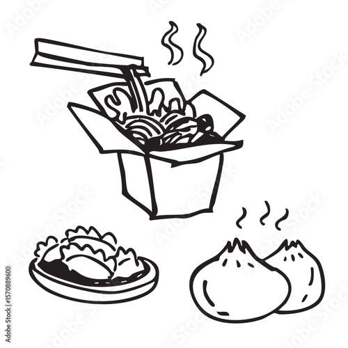 Hand-painted Chinese food: take-out box of noodles, dumplings and two steamed buns