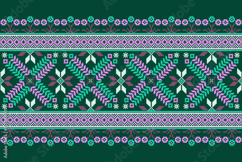 Cross stitch pattern concept showcasing traditional ethnic geometric pattern, Design for textile, background,carpet,wallpaper,clothing,wrapping,Batik,fabric,Vector illustration	
