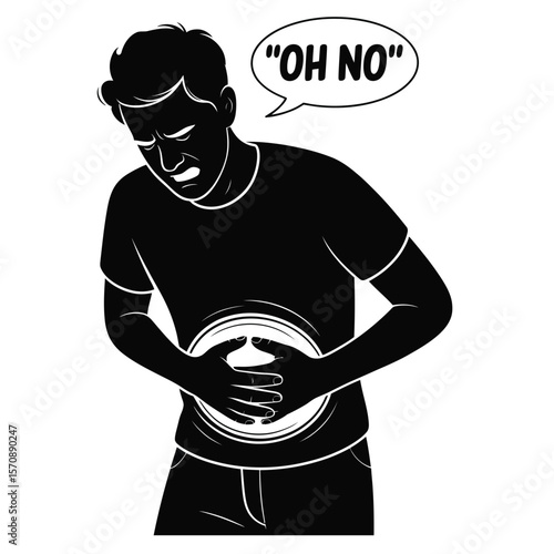 Person clutching stomach in pain with speech bubble saying oh no, black and white vector illustration symbolizing discomfort and urgency
