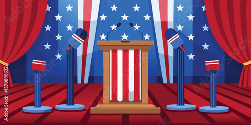 Podium microphones red blue curtains stars stage debate