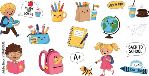 Back to school stickers cute school supplies kids learning education classroom study student teacher 100 char