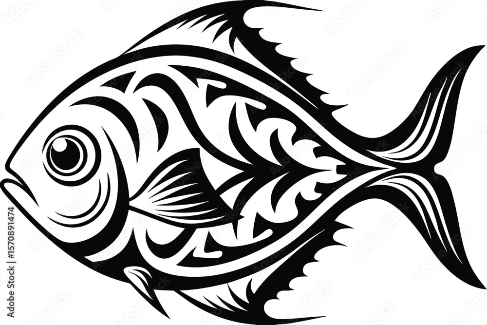 Abstract blackwork outlines a fish, with intricate tribal tattoo inspired designs, visible against white Abstract blackwork outlines a fish, with intricate tribal tattoo inspired designs, visible against white
