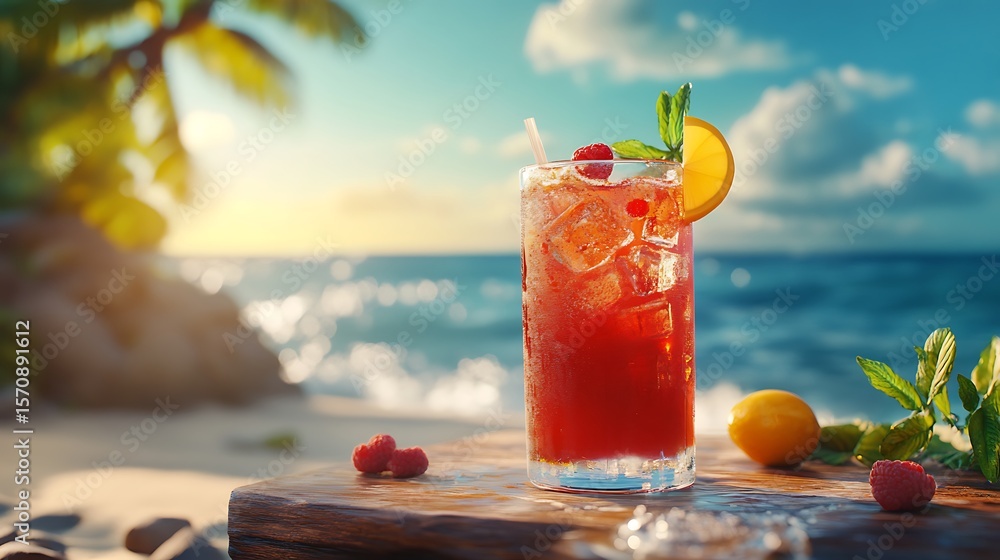 Obraz premium Bright fruity cocktail overlooking sunny ocean scene high resolution picture