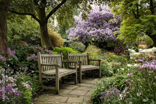Fototapeta Naklejka Na Ścianę i Meble -  Two weathered wooden benches flank a stone path nestled amongst a vibrant, blossoming garden teeming with purple, white, and yellow flowers under a canopy of lush green trees