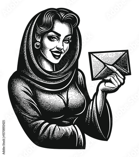 Vintage Style Drawing of Woman Holding Envelope with Glamorous Expression