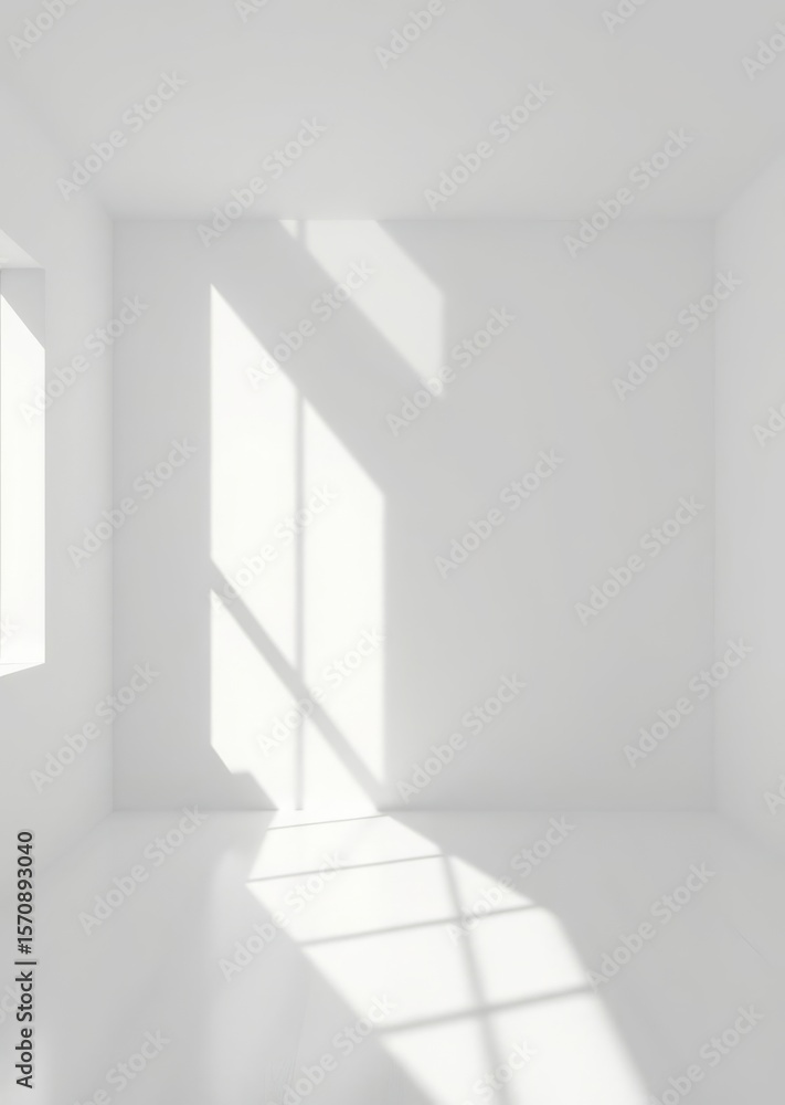 Fototapeta premium 3d stimulate of white interior space with sun light cast the roof shadow on the wall and floorperspective of minimal design architecture3d rendering Empty room interior design Ultra realistic Pho