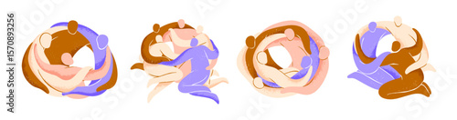 Abstract people hug in circle set. Group embraces together. Diverse silhouettes support each other, cuddle. Concept of solidarity and unity. Flat isolated vector illustrations on white background