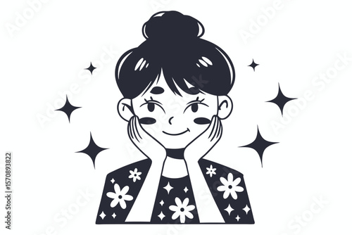 Black haired Asian woman smiling while holding her face with shiny star accents