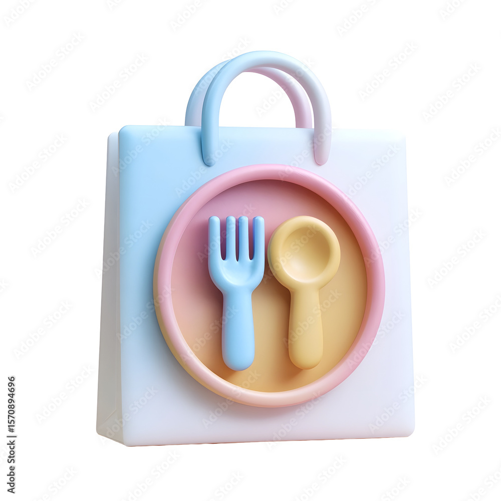 Fototapeta premium A 3D clay style icon depicting a pastel colored paper bag with a cutlery icon showcasing a minimalist and soft design against a clean white background