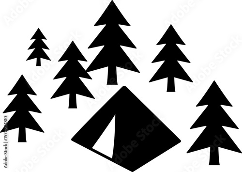 Tent in Forest vector, Camping silhouette, Outdoors, Camper In Forest illustration