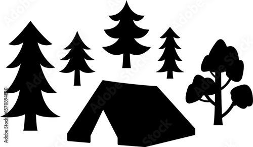 Tent in Forest vector, Camping silhouette, Outdoors, Camper In Forest illustration
