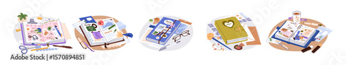 Open and closed personal diaries set. Different notebooks are decorated with stickers. Organizers with calendars for planning. Note books, stationery, pens. Flat isolated vector illustrations on white