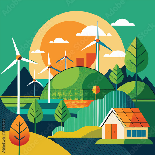 Green landscape with houses, an alternative energy windmill turbine harnessing wind power under a summer sky