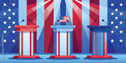 Red blue white podiums with microphones debate political