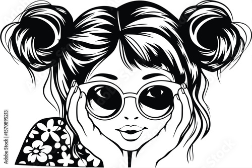 Girl wearing rounded glasses and floral top stares ahead in black and white