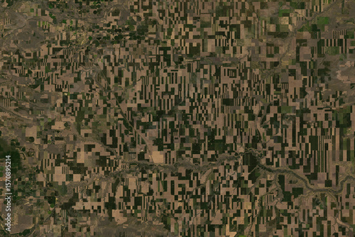 Satellite image of agricultural structures in Montana near Conrad - contains modified USGS/NASA Landsat Data (2025)