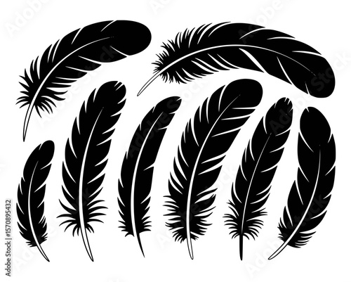 Black feather silhouettes vector illustration collection against a clean white background