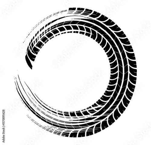 Black tire track circular drift mark against a white background