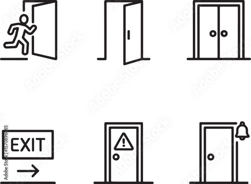 Diverse Door Icon Set Depicting Emergency Exit, Open Doors, Double Doors, and Warning Sign Doors with Ringing Bell