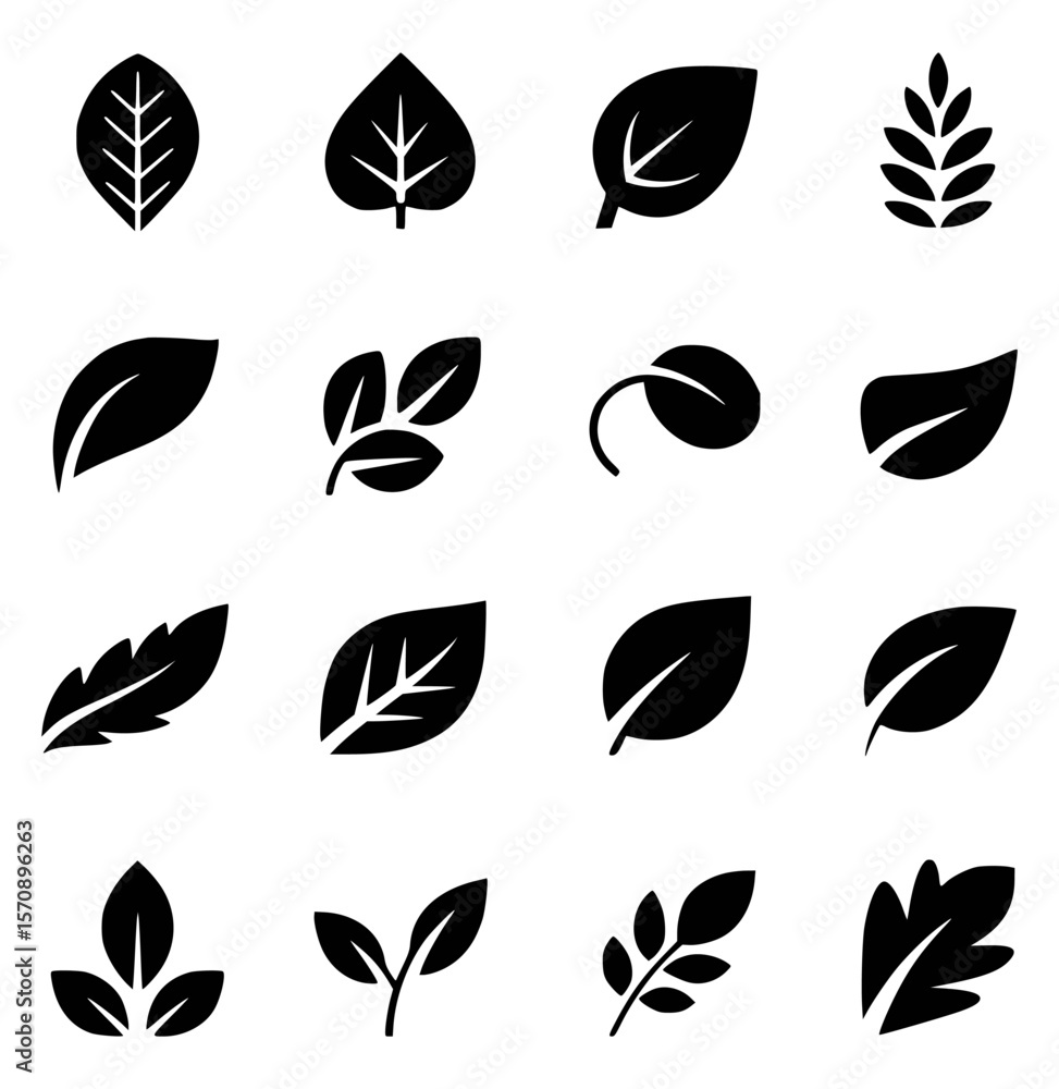 Fototapeta premium Collection of black leaf icons and symbols for nature and botanical designs