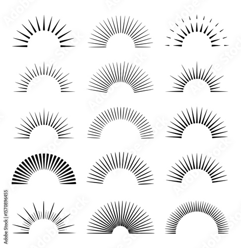Collection of black sunburst elements on white background in various styles