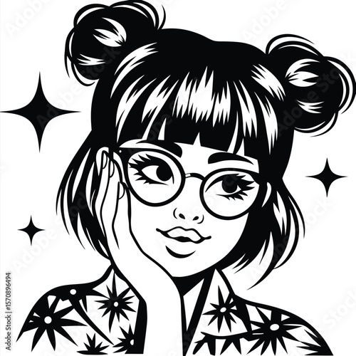 A pensive young girl with space buns and glasses rests her face on her hand