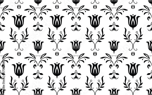 Black and White Floral Pattern with Tulip and Leaf Motifs