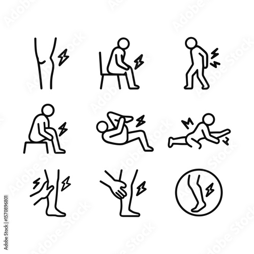 Muscle pain icons with leg cramp and strain symbols. Outline symbols. Line design