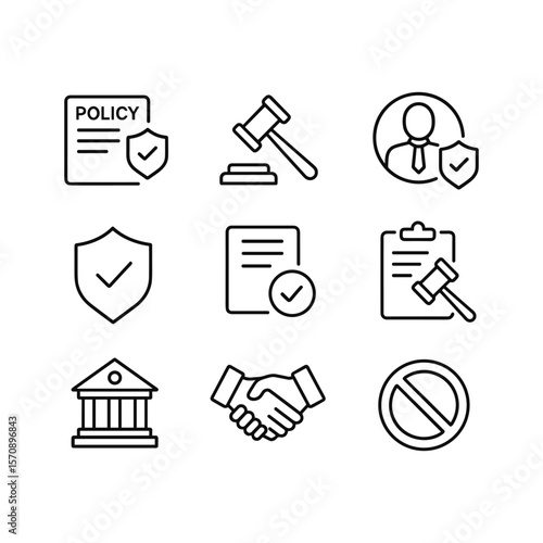 Government policy icons with administrative symbols. Outline symbols. Line design