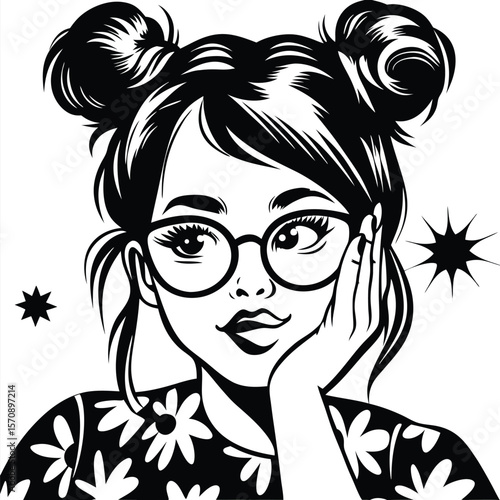 Monochrome girl with space buns and floral shirt seems quite thoughtful