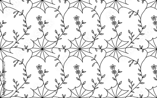 Black and White Floral Vine Pattern with Spiderweb Elements