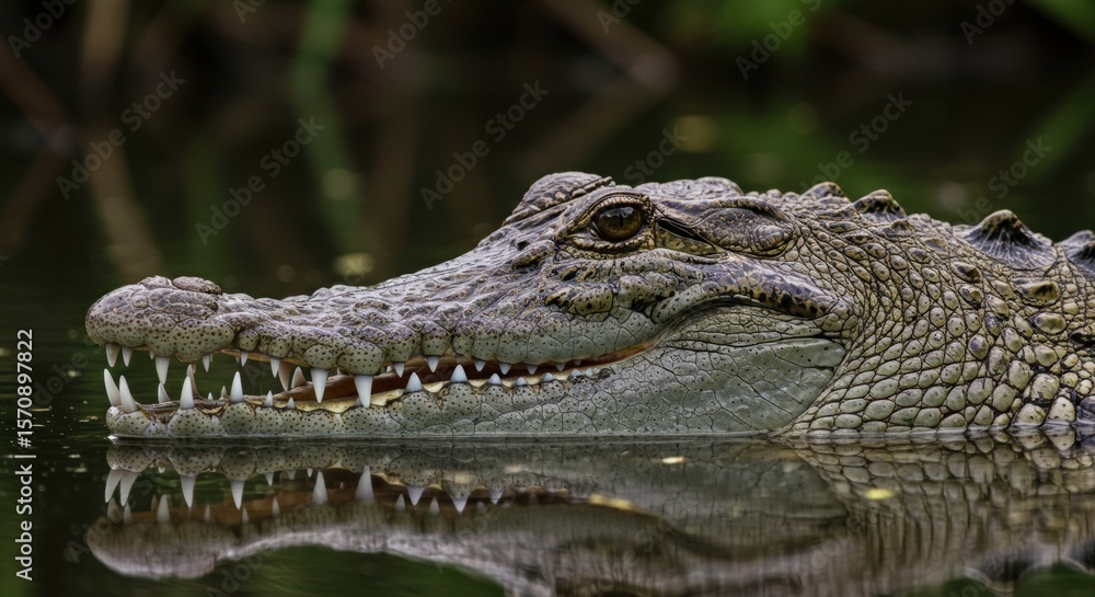 Fototapeta premium Close-up of a Nile crocodile showing textured skin, sharp teeth, and intense eyes. Powerful African predator in its natural habitat near freshwater rivers.