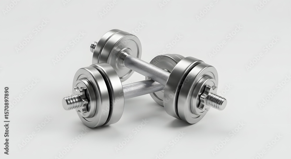 Two Silver Chrome Dumbbells on White Background for Fitness and Strength Training, Isolated Gym Equipment for Workout and Bodybuilding Two Silver Chrome Dumbbells on White Background for Fitness and Strength Training, Isolated Gym Equipment for Workout and Bodybuilding