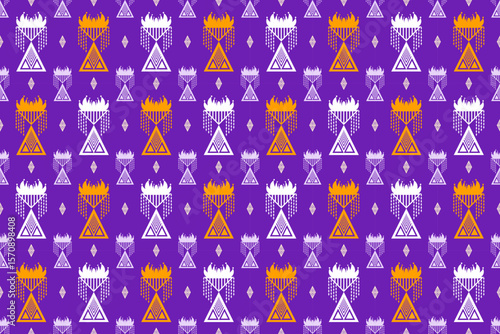 Seamless geometric ethnic pattern with stylized triangles and tassels in vibrant purple, white, and orange. Cup, trophy, vase, art for textiles, fabric, wallpaper, backgrounds, modern abstract designs