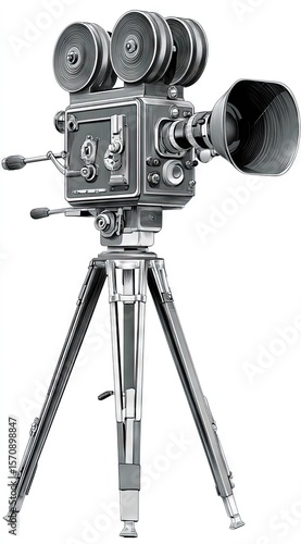 Vintage film camera on tripod, metallic grey, detailed reels, crank handles, adjustable legs, classic design