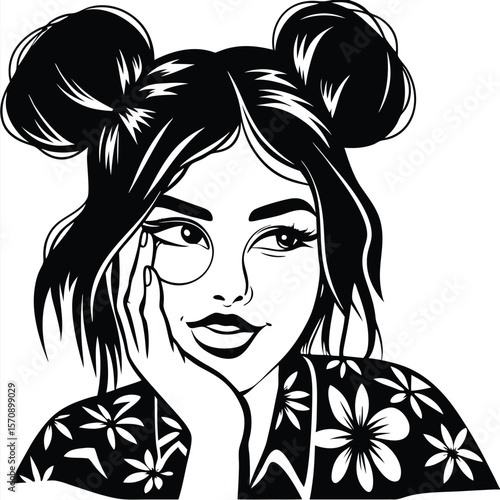 Attractive young woman with space buns and floral top gazes thoughtfully
