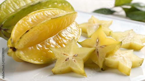 Fresh Juicy Star Fruits Sliced and Whole on White Plate