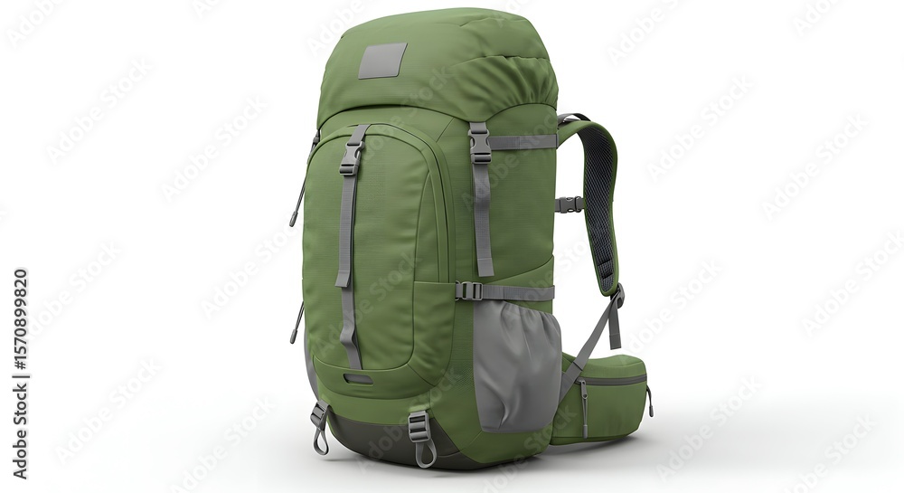 Large Green Outdoor Hiking Backpack or Trekking Rucksack Isolated on White Background for Adventure Travel and Camping Gear Large Green Outdoor Hiking Backpack or Trekking Rucksack Isolated on White Background for Adventure Travel and Camping Gear