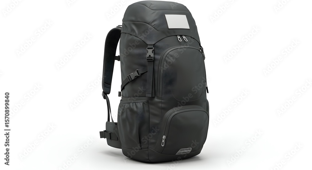 Fototapeta premium Black Outdoor Travel Backpack for Adventure and Hiking Isolated on White Background, Studio Shot