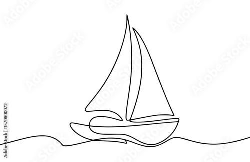Simple single line drawing of a sailboat sailing on the ocean waves