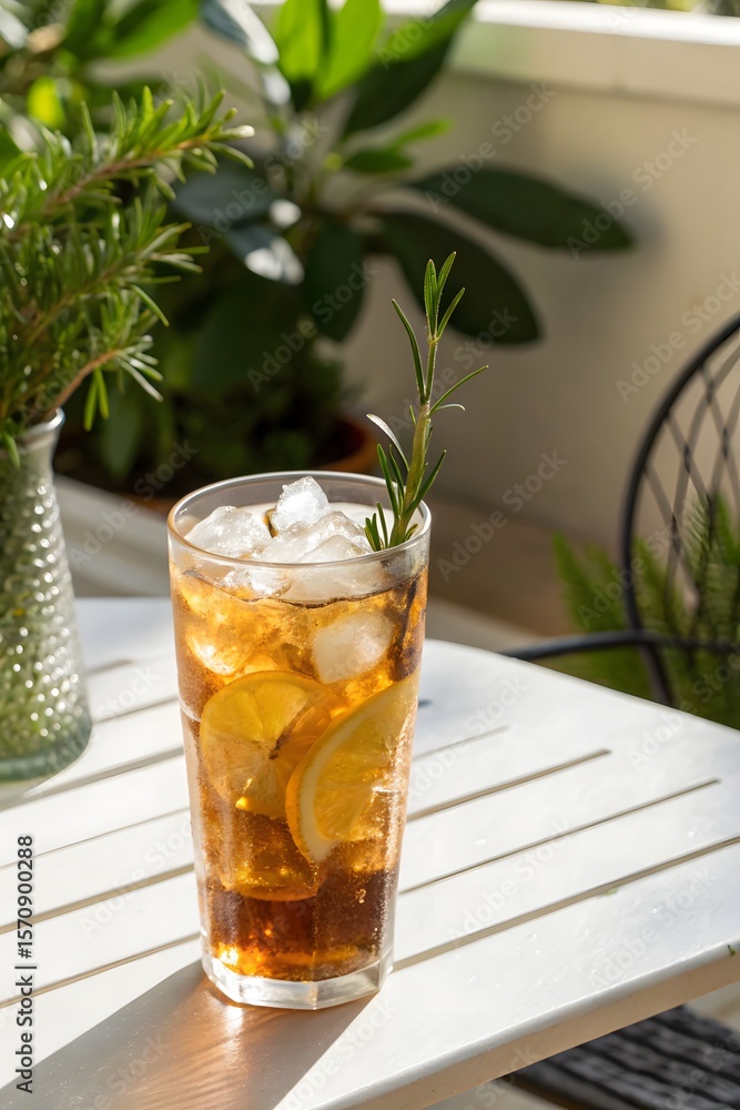 Refreshing iced tea with lemon slices served in a cozy outdoor setting on a sunny afternoon Refreshing iced tea with lemon slices served in a cozy outdoor setting on a sunny afternoon