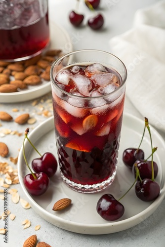 Wallpaper Mural Iced tea served in a crystal glass with cherries and almonds on a light countertop during a sunny afternoon Torontodigital.ca