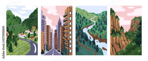 Set of posters with different landscapes: village, city, river, forest and mountains. Sceneries of nature and cityscape. Countryside, green meadows, trees, houses. Flat hand drawn vector illustrations